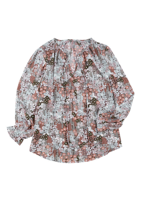 Khaki Plus Size Printed Long Sleeve Drawstring V Neck Blouse